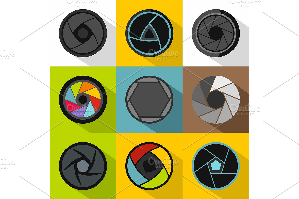 Types of aperture icons set, flat in Objects - product preview 8
