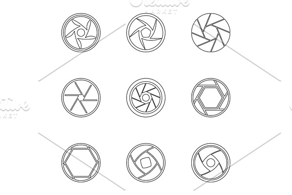 Types of aperture icons set, outline