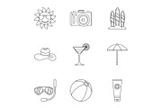 Travel to sea icons set, outline