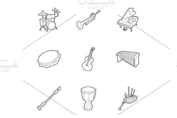 Musical device icons set, outline