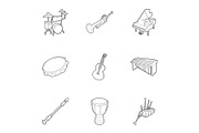 Musical device icons set, outline