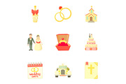 Marriage icons set, cartoon style