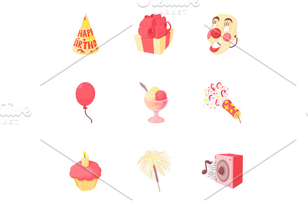 Birthday party icons set, cartoon