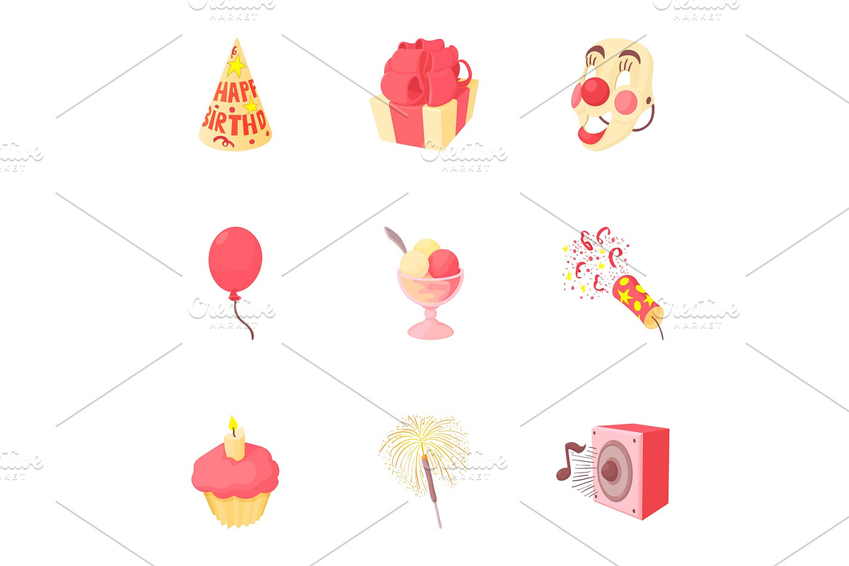 Birthday party icons set, cartoon in Objects - product preview 8