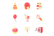 Birthday party icons set, cartoon