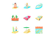 Miami icons set, cartoon style