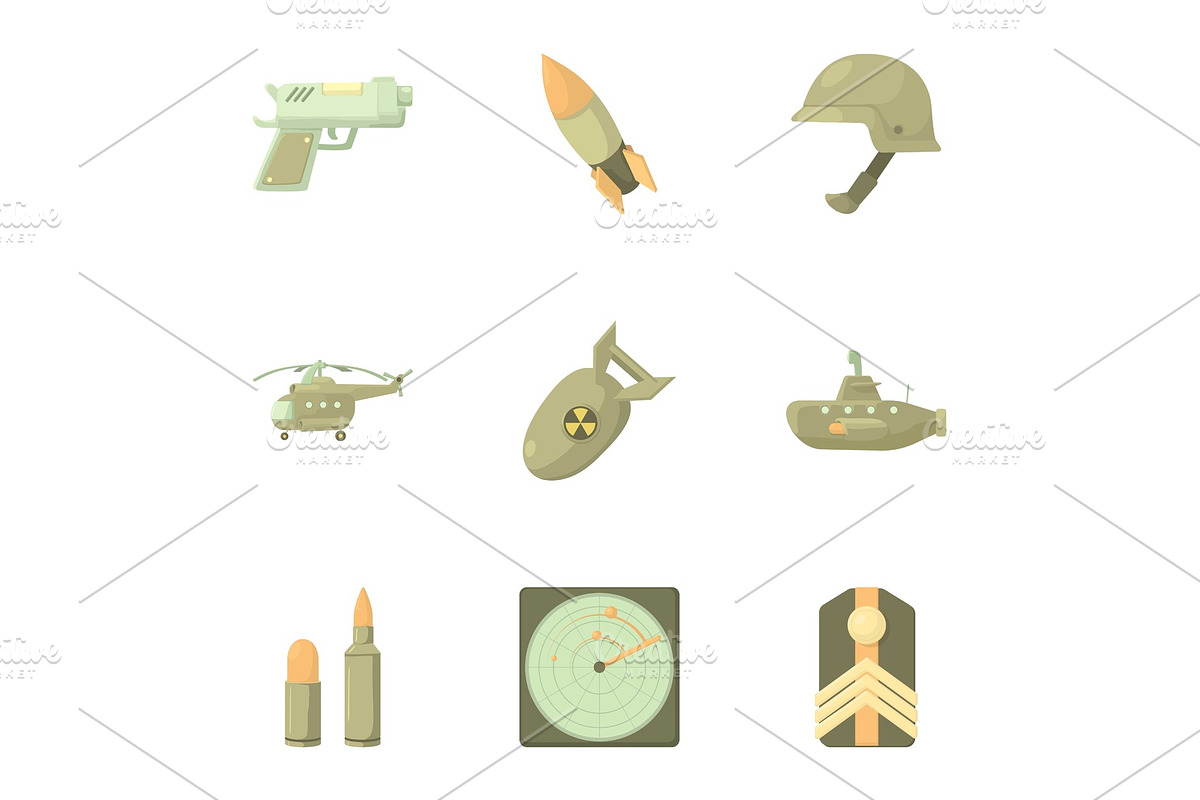 Military weapons icons set, cartoon in Objects - product preview 8