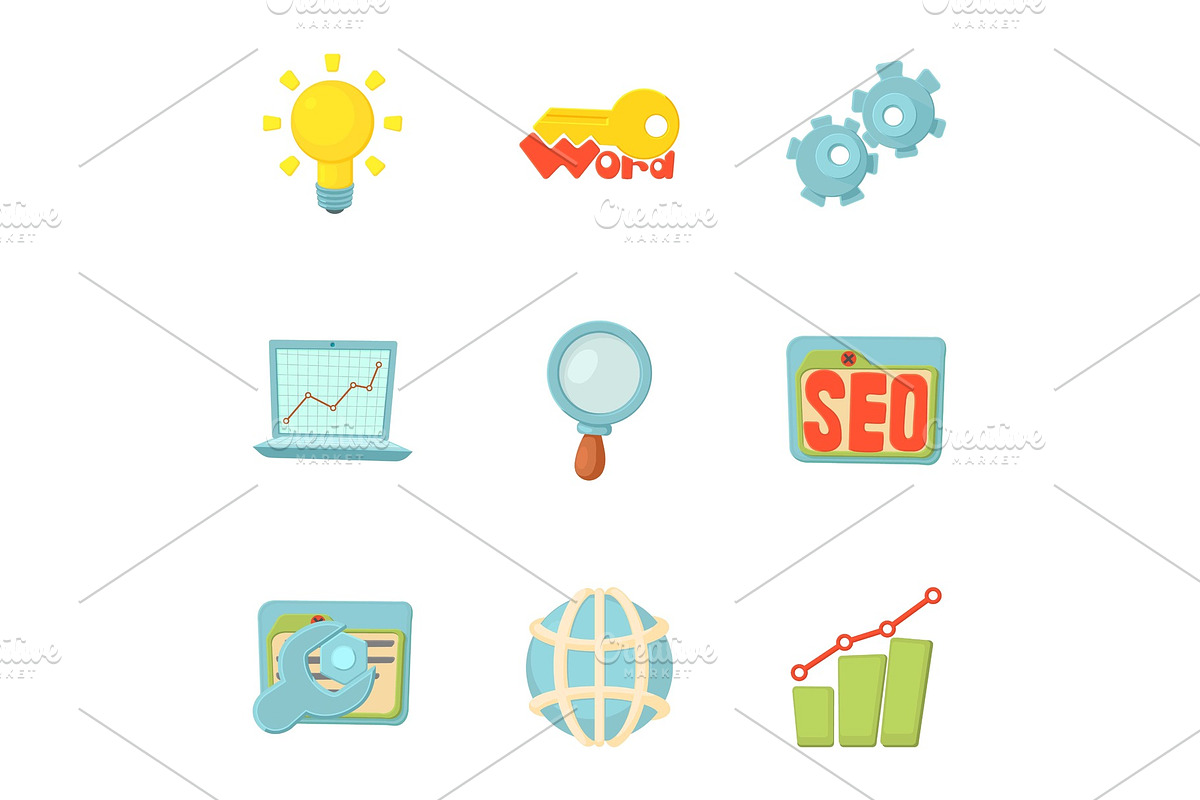SEO promotion icons set, cartoon in Objects - product preview 8