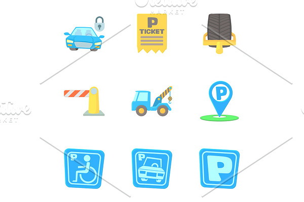 Parking transport icons set, cartoon