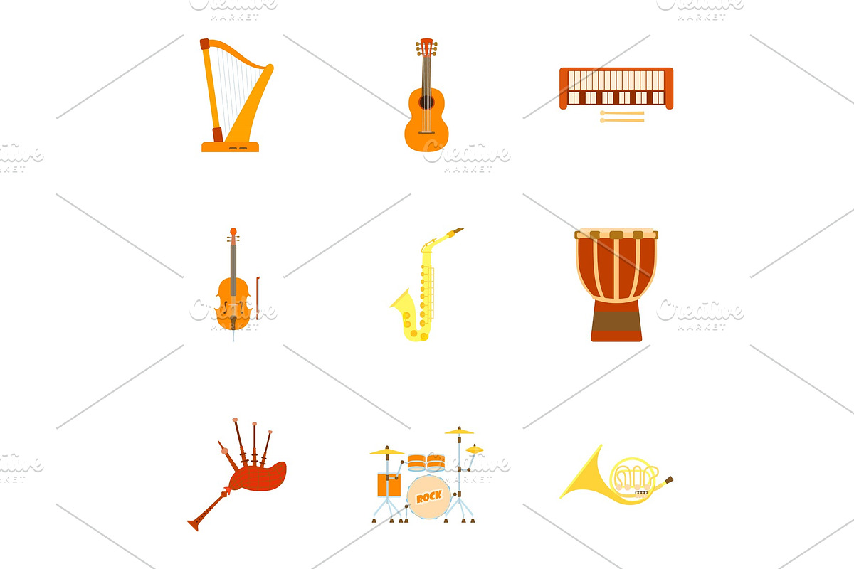 Musical device icons set, flat style in Objects - product preview 8