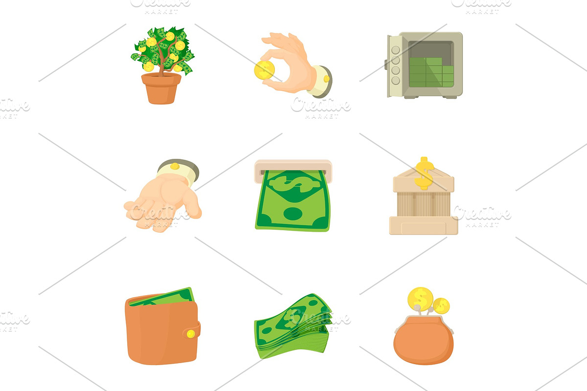 Cash icons set, cartoon style in Objects - product preview 8