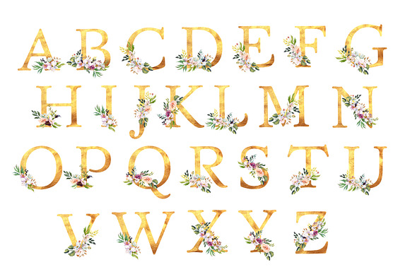 Gold flower alphabet in Illustrations - product preview 1