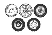 Wheels sketch engraving vector