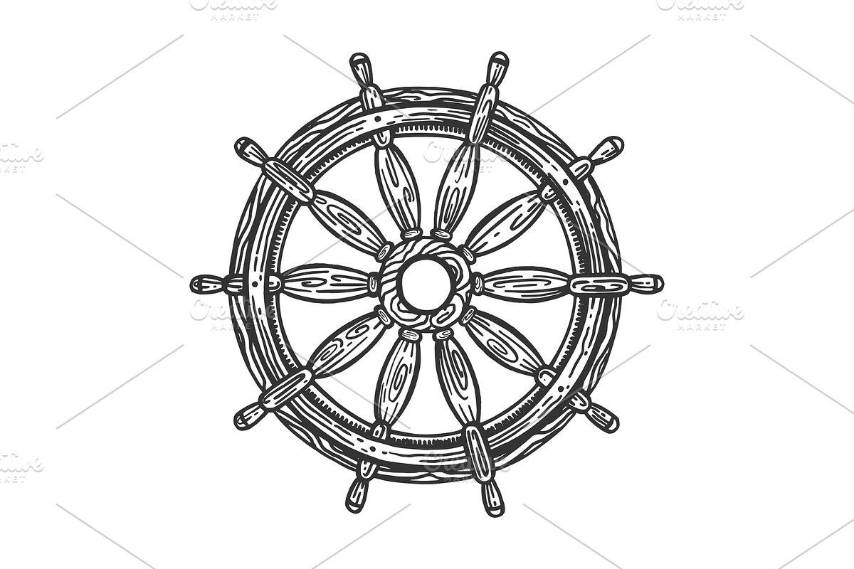 Ship steering wheel sketch engraving in Illustrations - product preview 8