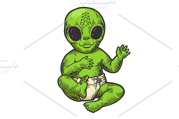Alien baby in diaper color sketch