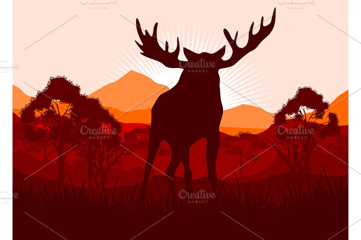 Elk in wild nature landscape in Illustrations - product preview 8