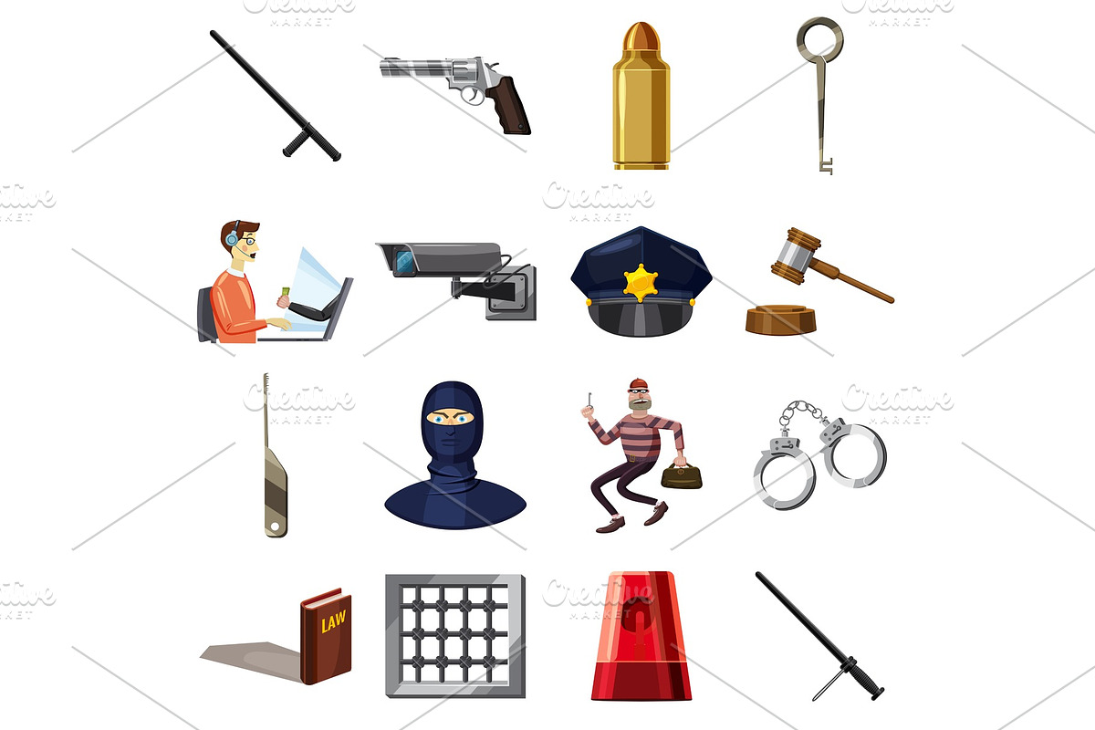 Criminal symbols icons set, cartoon in Illustrations - product preview 8