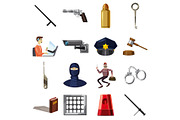 Criminal symbols icons set, cartoon