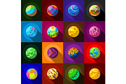 Fantastic colorful planets icons set