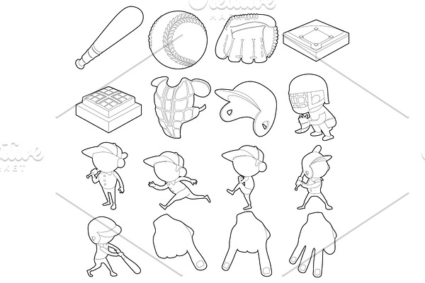 Baseball items icons set, outline