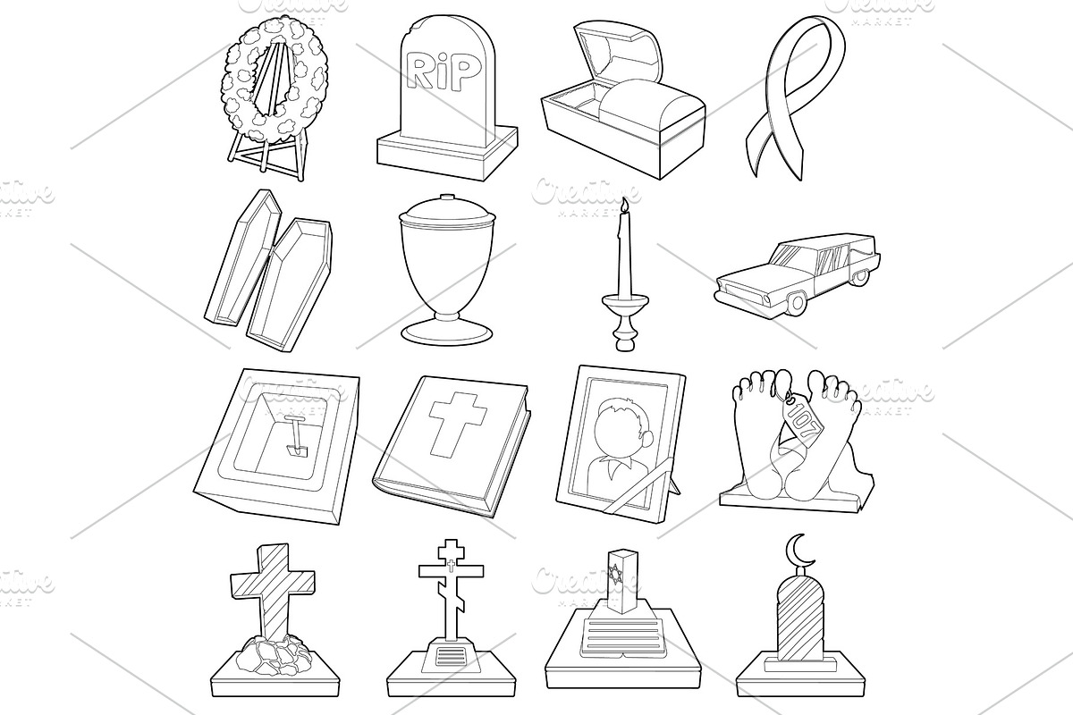 Funeral icons set, outline style in Illustrations - product preview 8