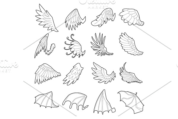 Different wings icons set, outline