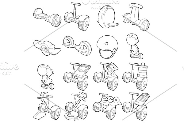 Balancing scooter icons set, outline