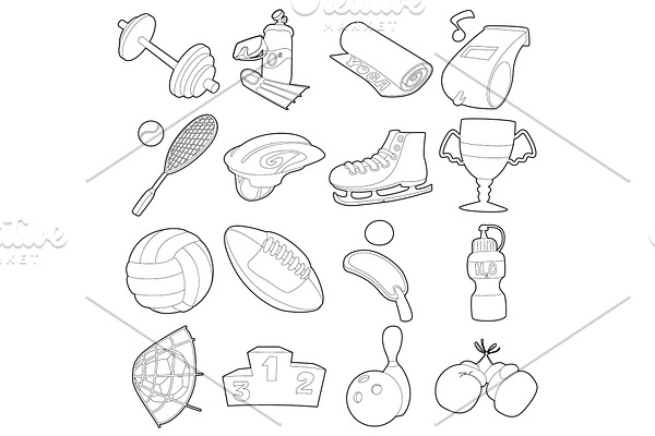 Sport items icons set, outline style
