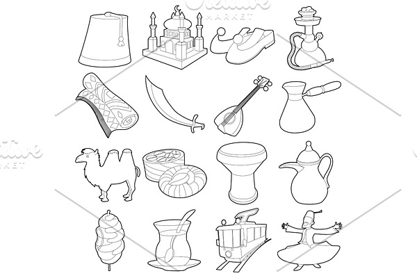 Turkey travel symbols icons set
