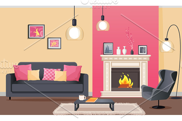 Room in Pink with Fireplace and