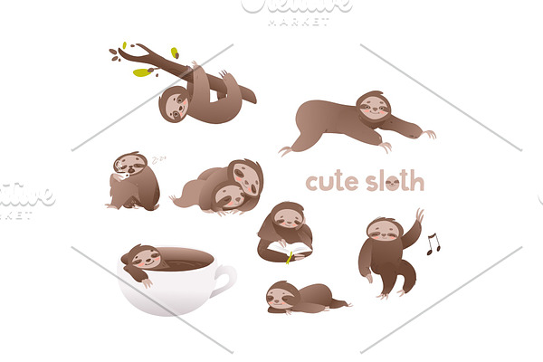 Cute sloth vector illustration set -