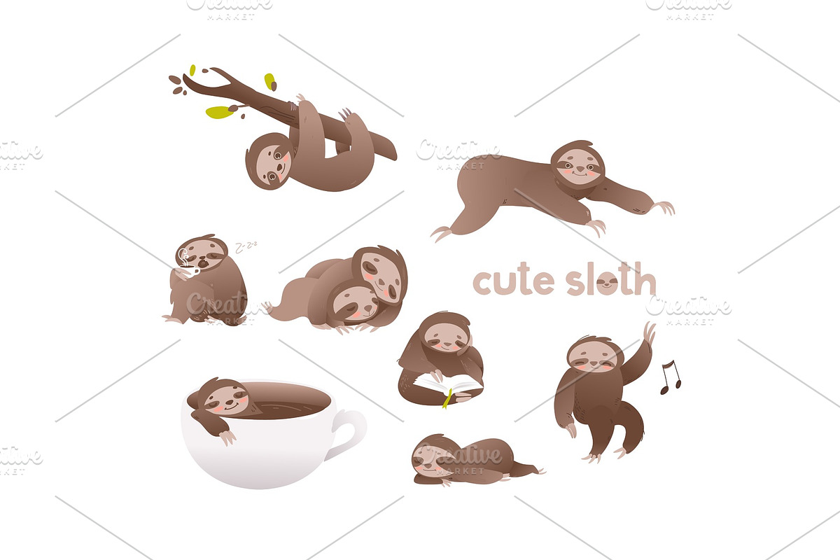 Cute sloth vector illustration set - in Illustrations - product preview 8