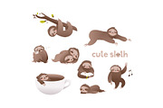 Cute sloth vector illustration set -