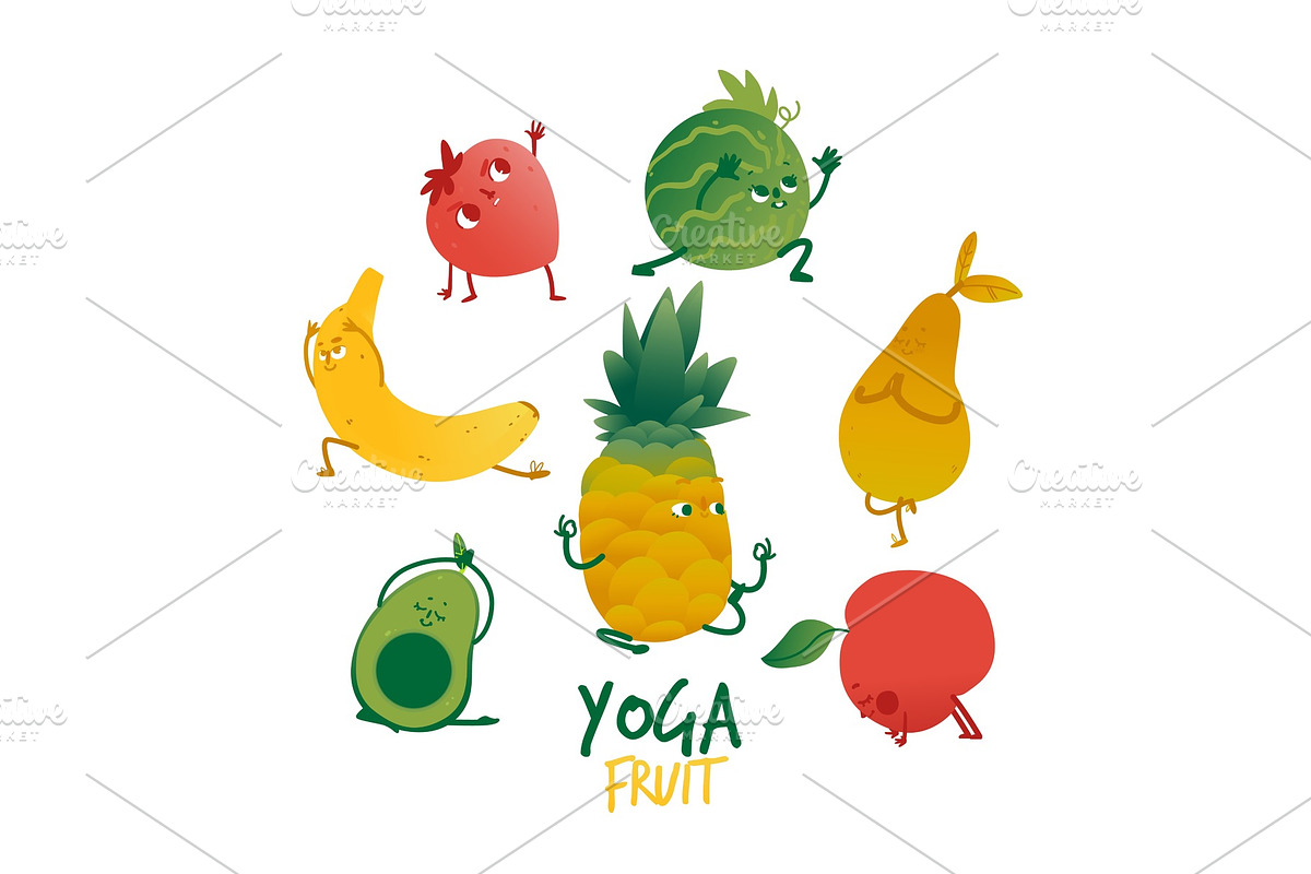 Vector flat fruits practicing yoga in Illustrations - product preview 8