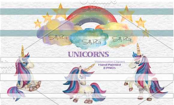 Unicorns - Watercolor Clipart in Illustrations - product preview 1