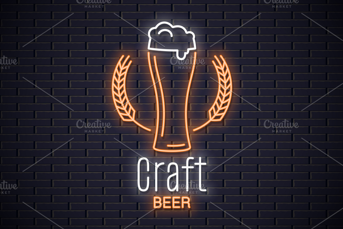 Beer glass with wheat neon logo. in Illustrations - product preview 8