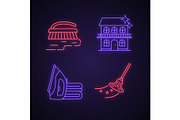 Cleaning service neon light icons