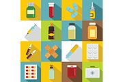 Different drugs icons set, flat