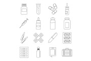 Different drugs icons set, outline