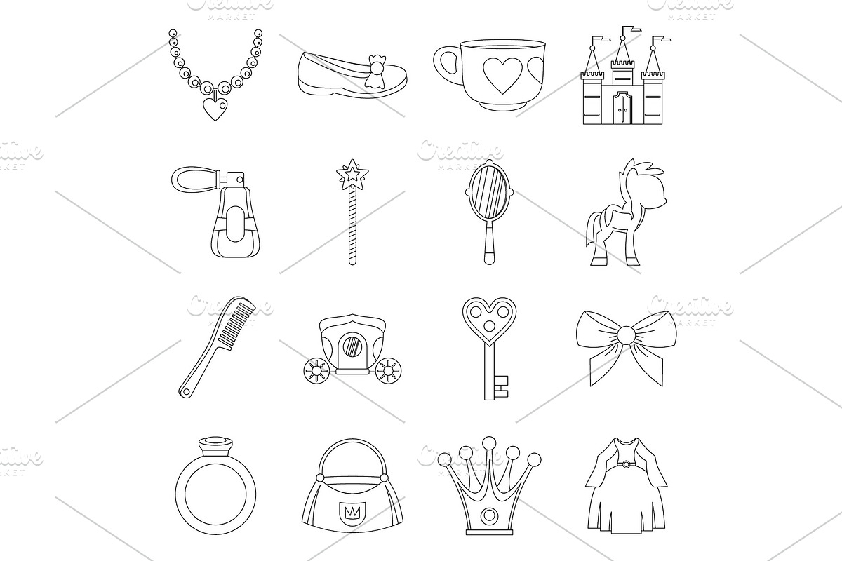 Doll princess items icons set in Illustrations - product preview 8