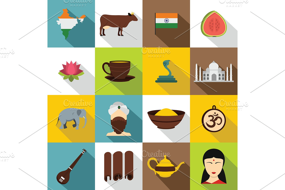 India travel icons set, flat style in Illustrations - product preview 8