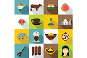 India travel icons set, flat style