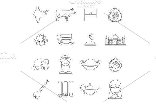 India travel icons set, outline