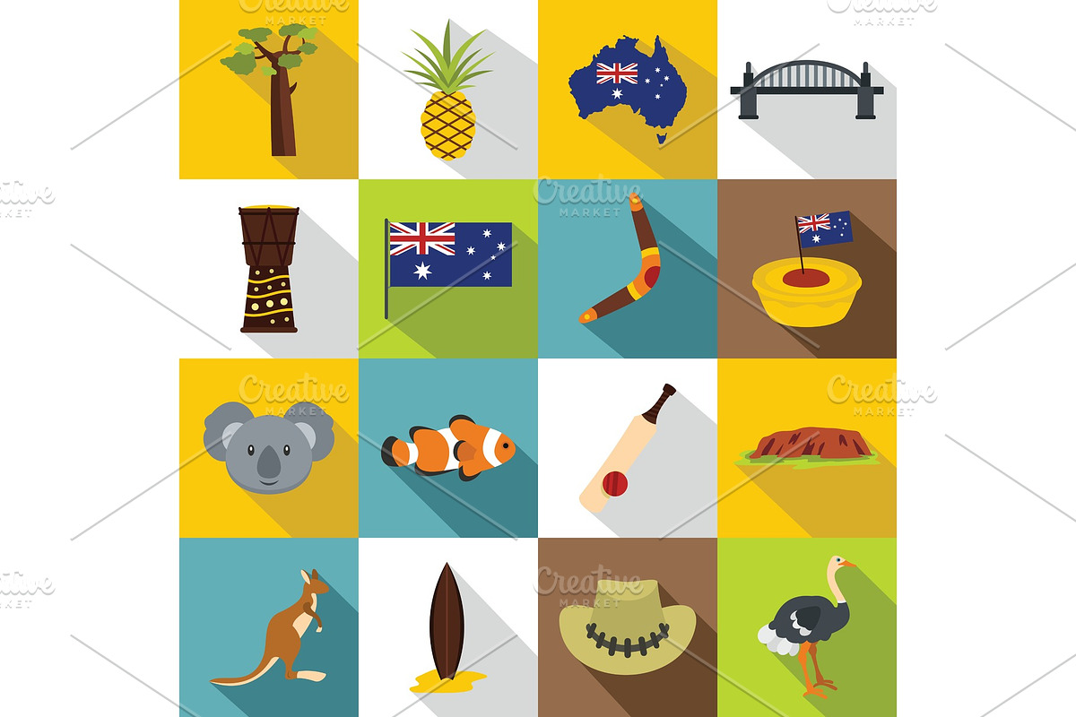 Australia travel icons set, flat in Illustrations - product preview 8