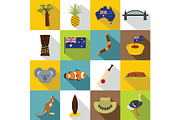Australia travel icons set, flat
