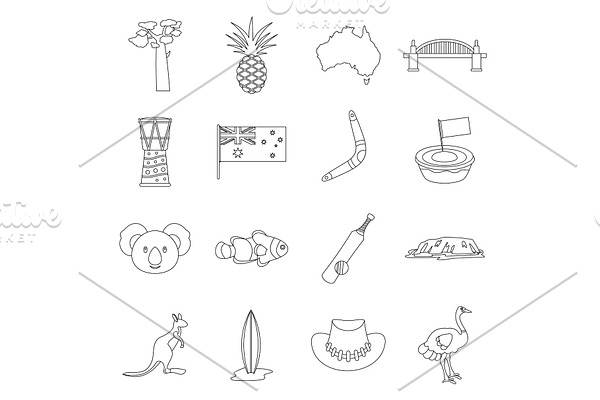 Australia travel icons set, outline