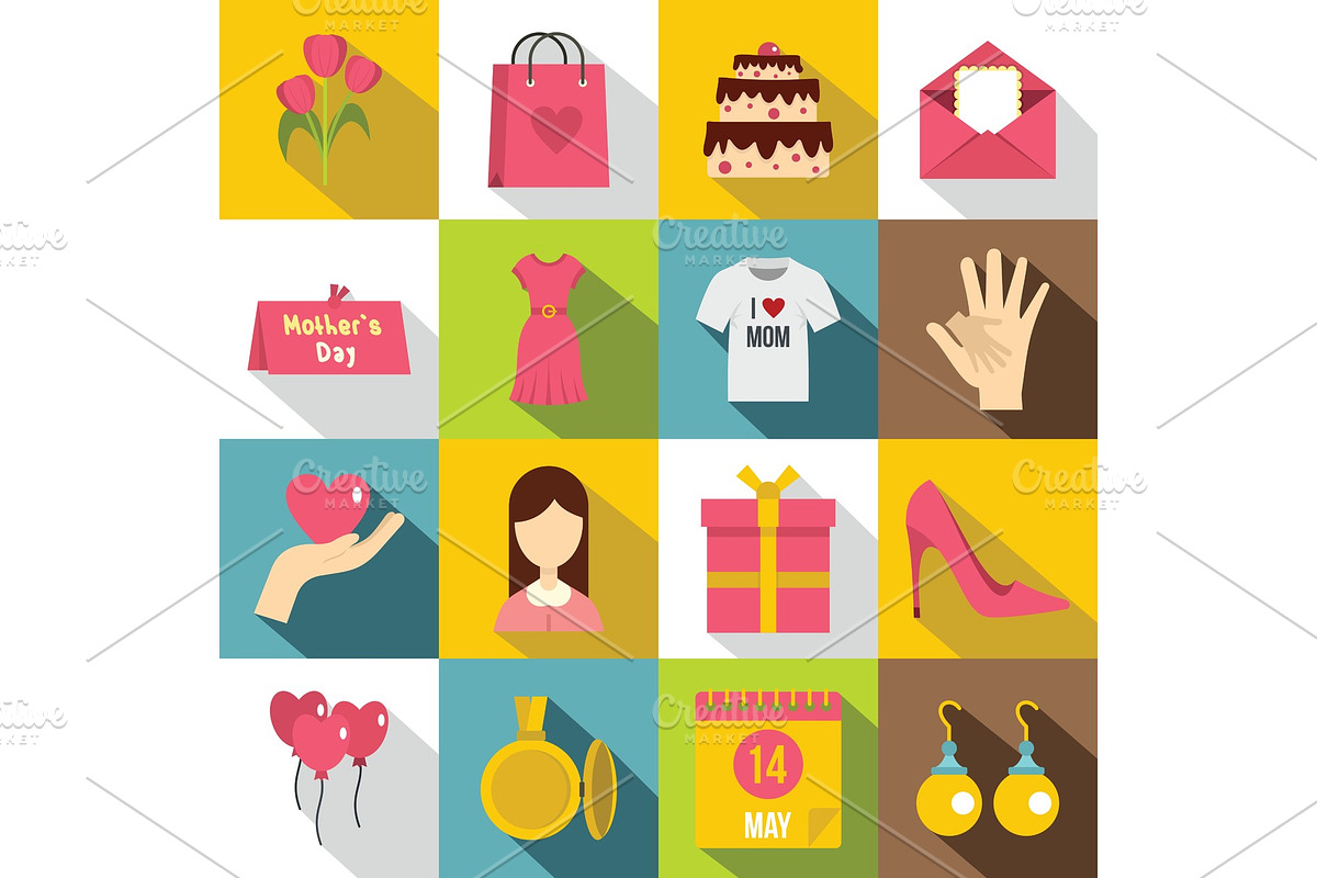 Mothers day icons set, flat style in Illustrations - product preview 8