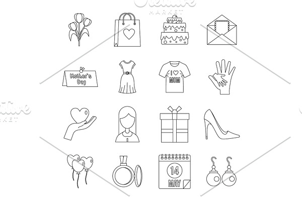 Mothers day icons set, outline style