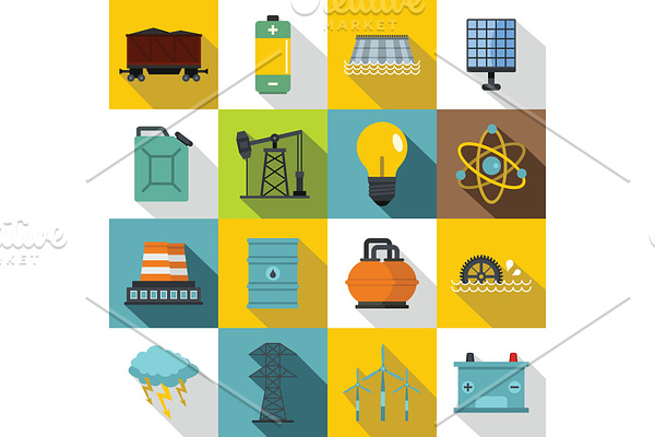 Energy sources items icons set, flat