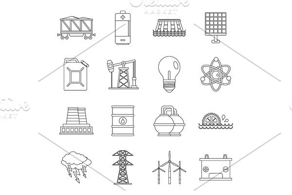 Energy sources items icons set